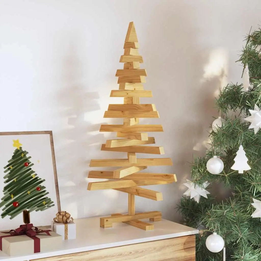 Wooden Christmas Tree 90cm Brown Solid Pine Wood Stand Holiday Seasonal Decor