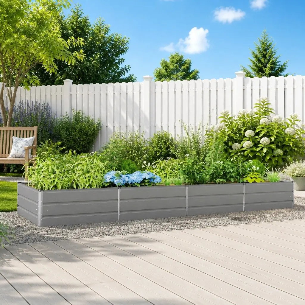 Galvanised Steel Garden Planter Outdoor Raised Bed Light Grey 385 x 100 x 45 cm