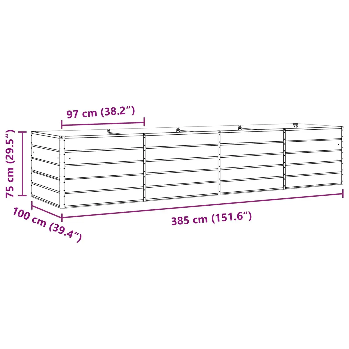 Garden Planter Anthracite 385 x 100 x 75 cm Outdoor Steel Raised Flower Bed