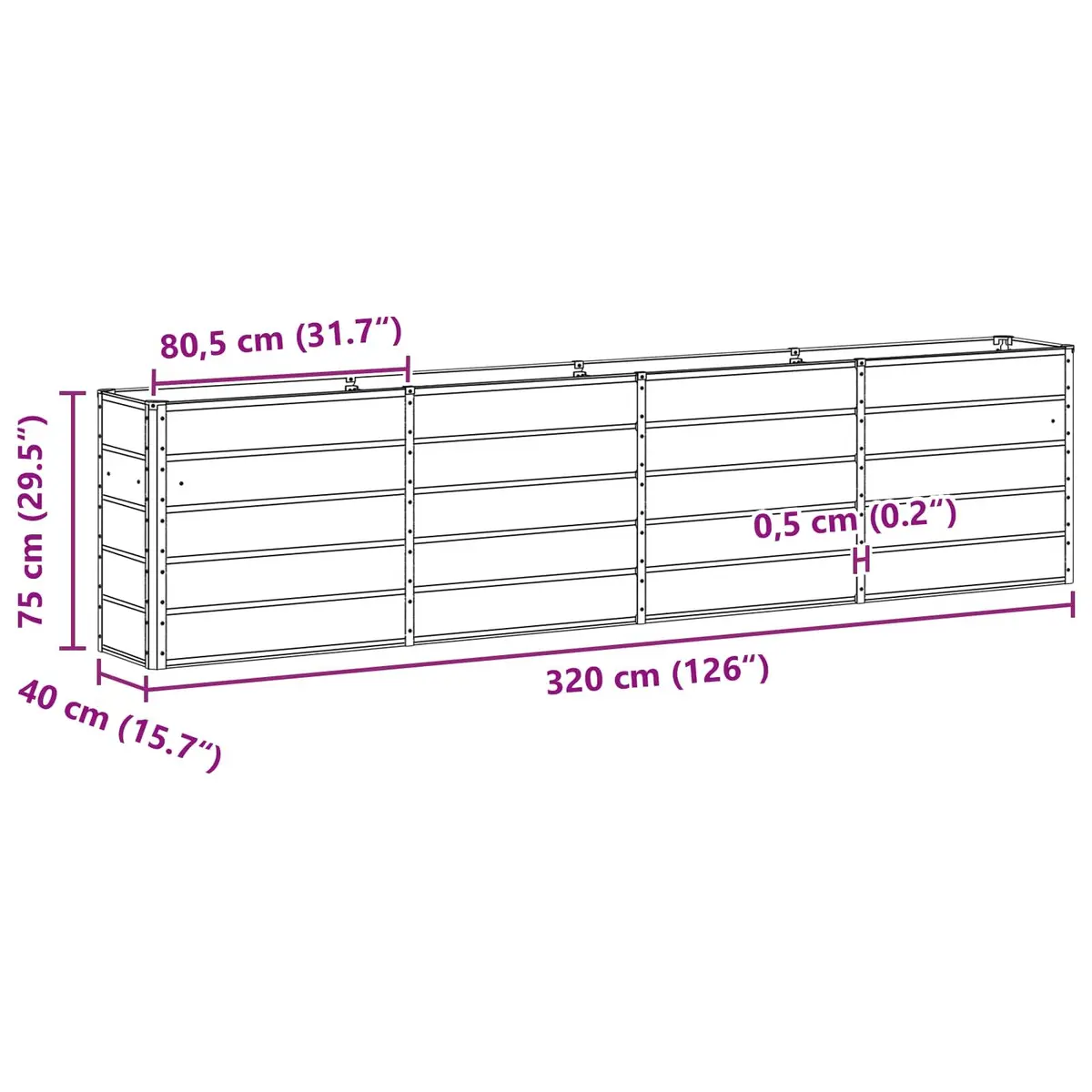 Steel Planter Indoor Outdoor 320x40x75cm
