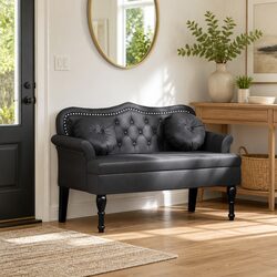 Chesterfield Bench Black Faux Leather Button Tufted Seat Living Room Bedroom