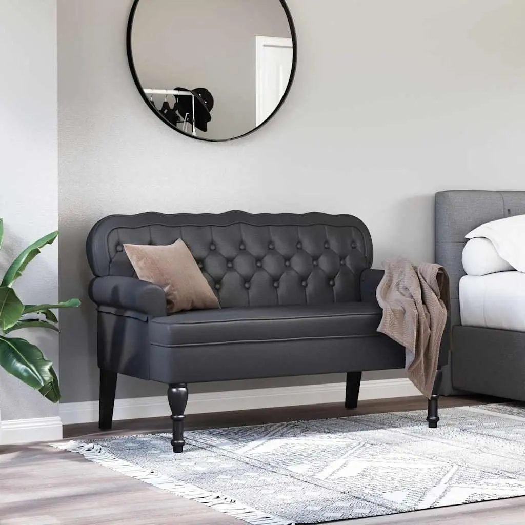 Chesterfield Bench Black Button Tufted Rolled Armrests Faux Leather Seating
