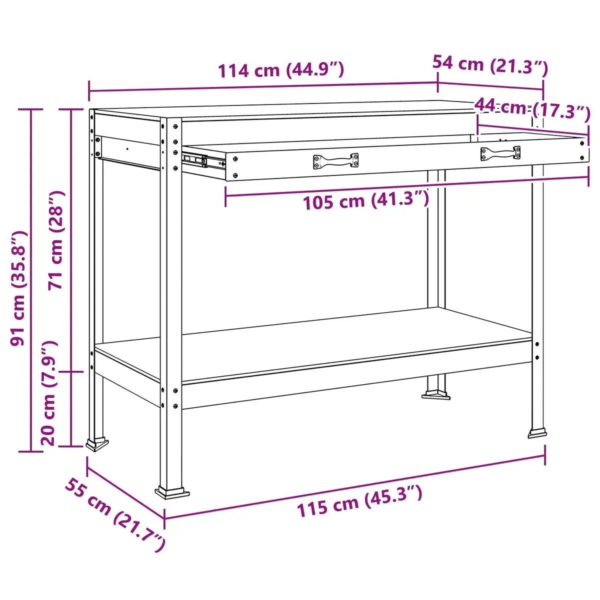 Workbench Black 114 x 54 x 91 cm Engineered Wood Metal Frame Pegboard Drawer