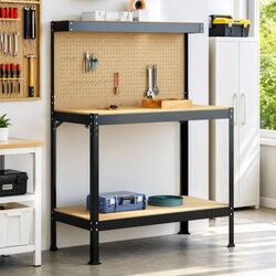 Workbench Black 114 x 54 x 145 cm Engineered Wood Metal Frame Garage Workshop