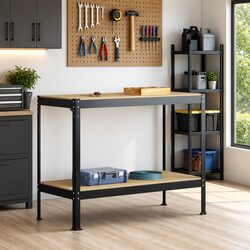 Workbench Black 115 x 55 x 91 cm Engineered Wood Metal Frame Pegboard Drawer