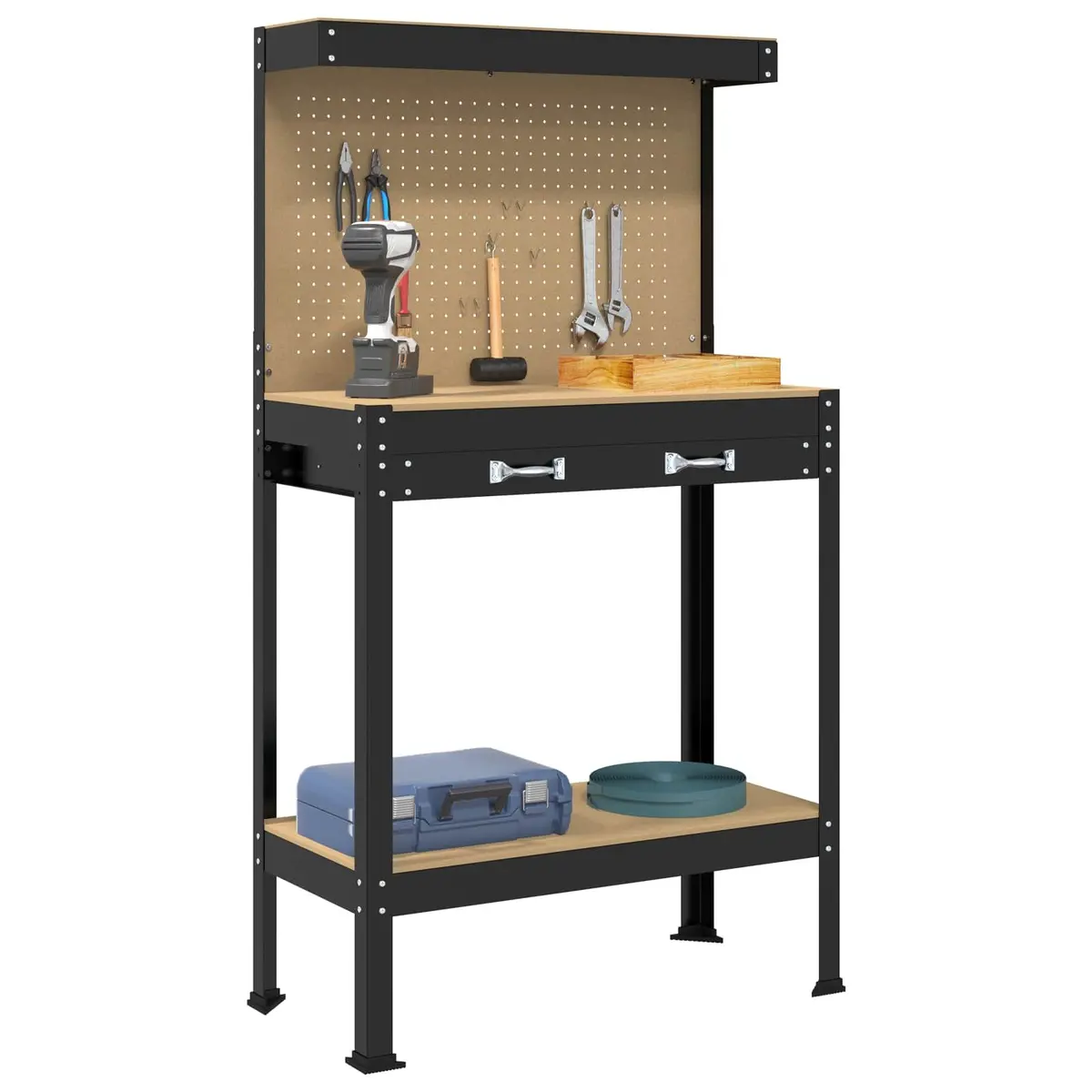 Workbench Black 81 x 41 x 145 cm Engineered Wood Metal Frame Pegboard Drawer