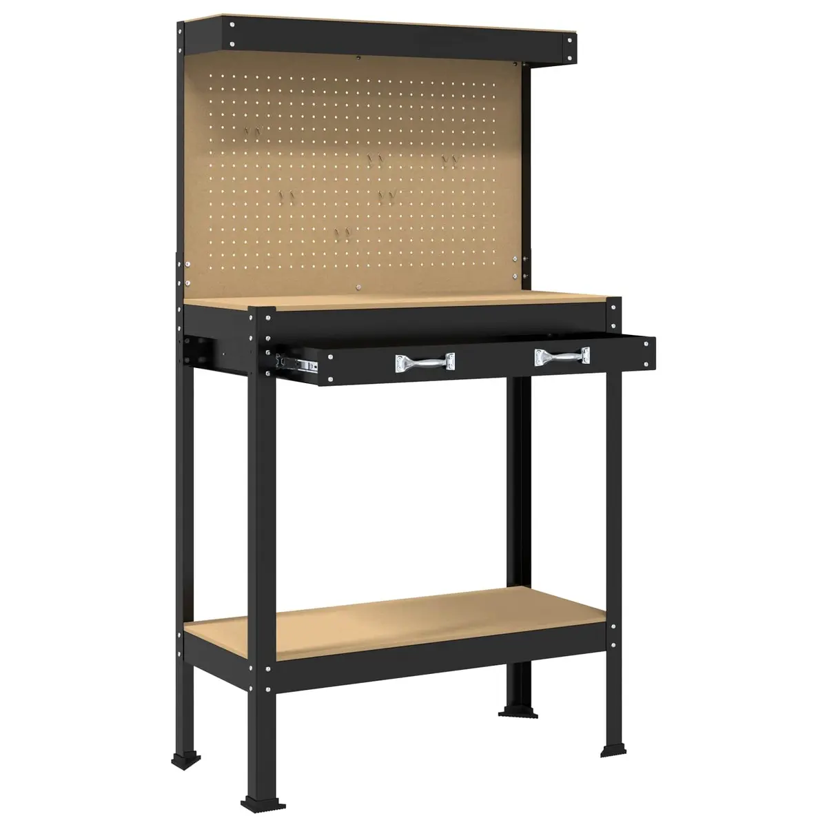 Workbench Black 81 x 41 x 145 cm Engineered Wood Metal Frame Pegboard Drawer