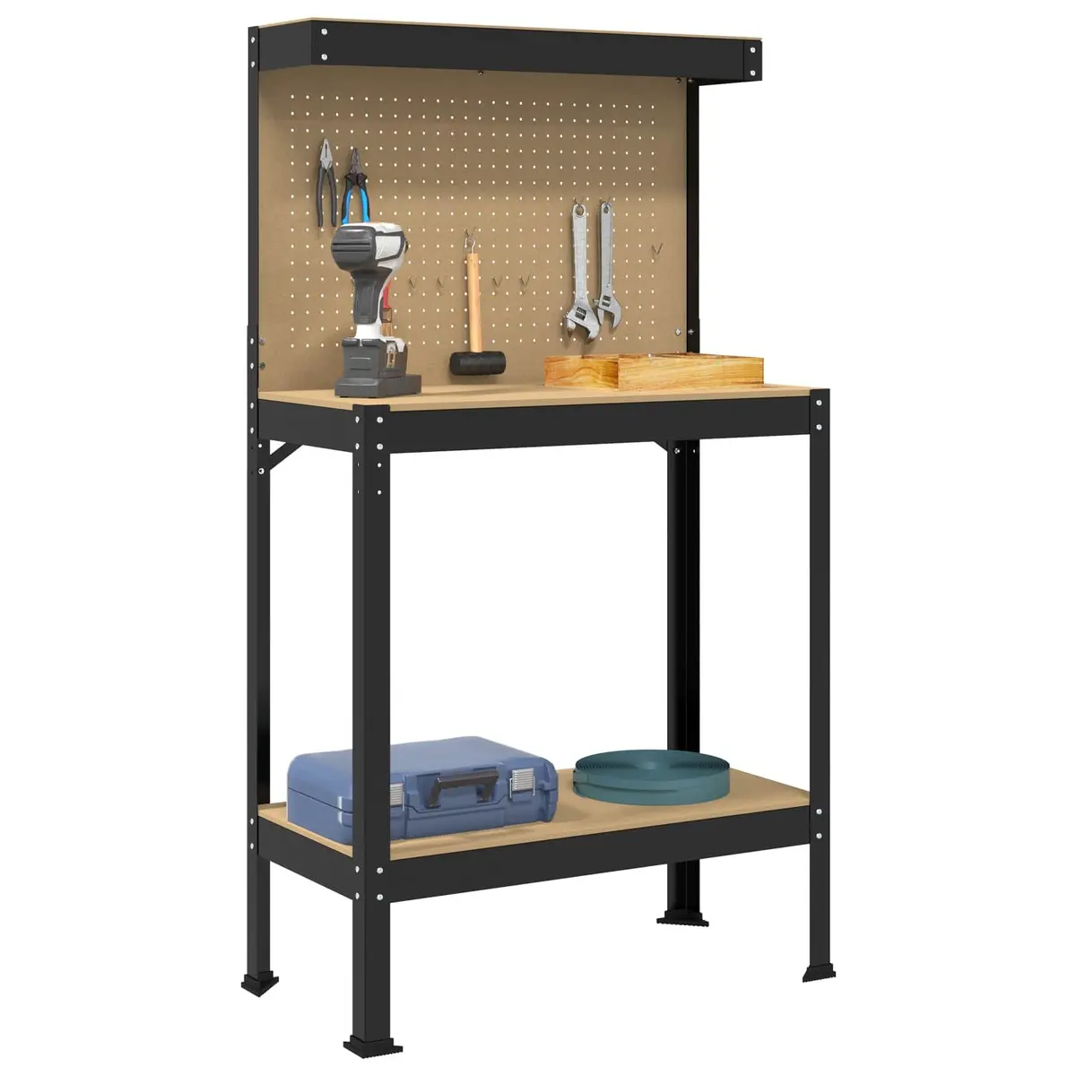 Workbench Black 81 x 41 x 145 cm Engineered Wood Metal Frame Pegboard Drawer