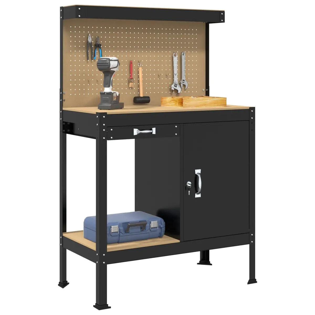 Workbench for Garage Workshop 90 x 49 x 141 cm Engineered Wood Metal Storage