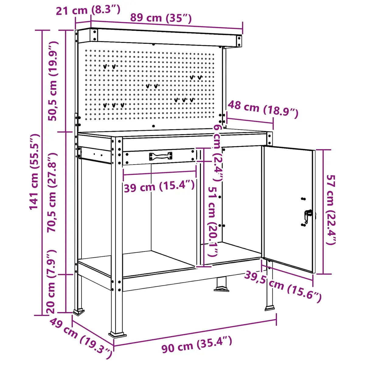 Workbench for Garage Workshop 90 x 49 x 141 cm Engineered Wood Metal Storage