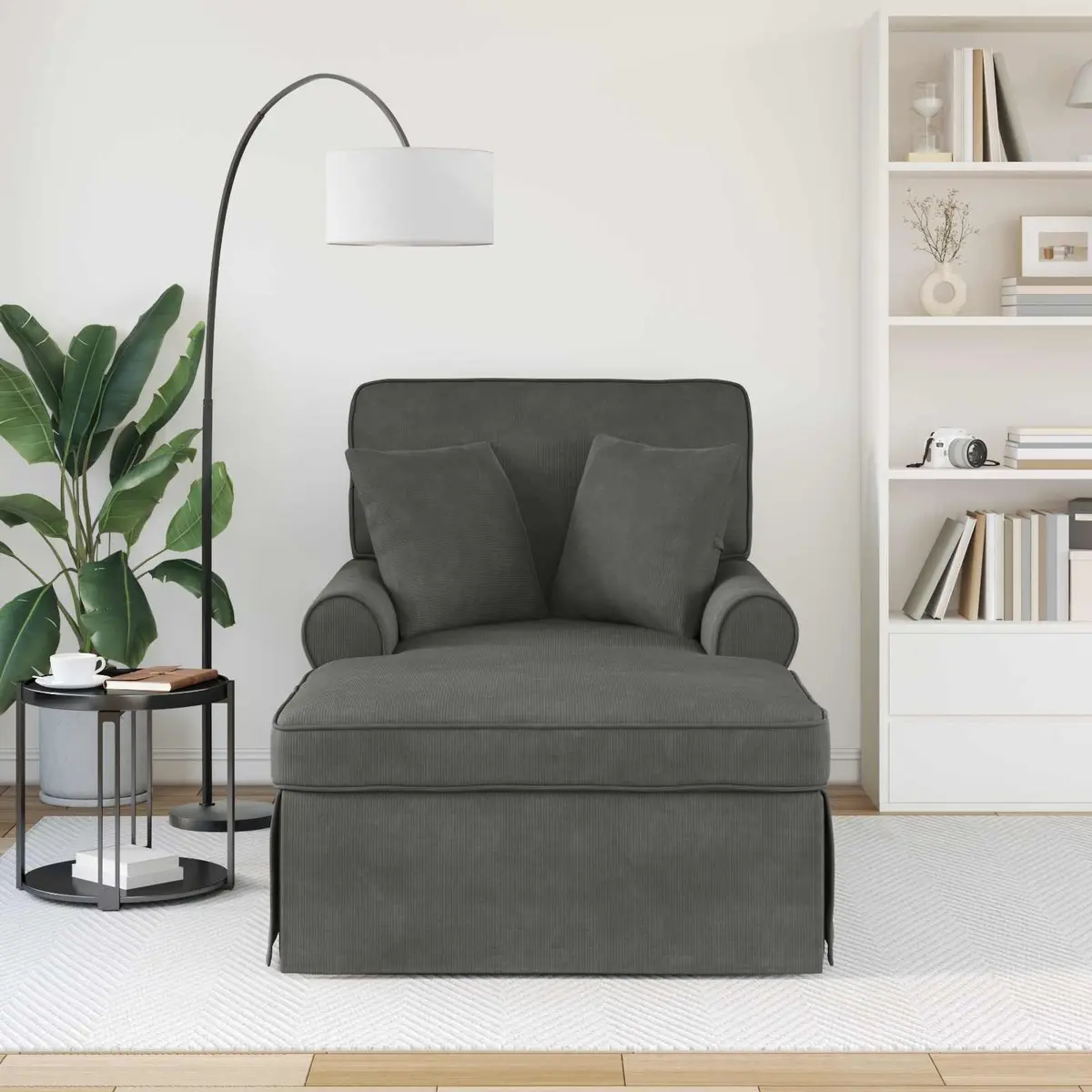 Chaise Lounge with Skirt Grey Corduroy Fabric Modern Living Room Bedroom