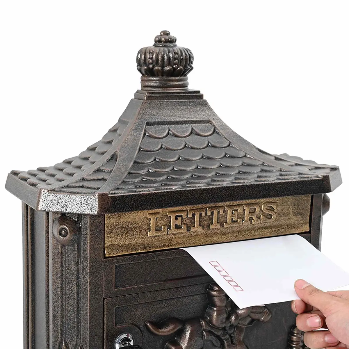 Wall Mounted Mailbox Bronze Vintage Retro Garden Terrace Post Box Lockable Doors
