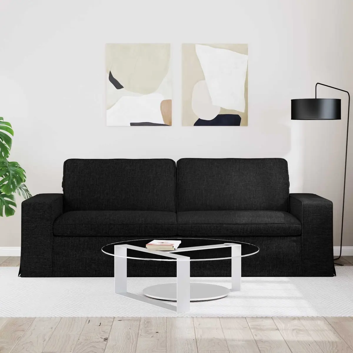 Modular Sofa Black Living Room 222x80x82cm Contemporary Sectional Lounge Seating