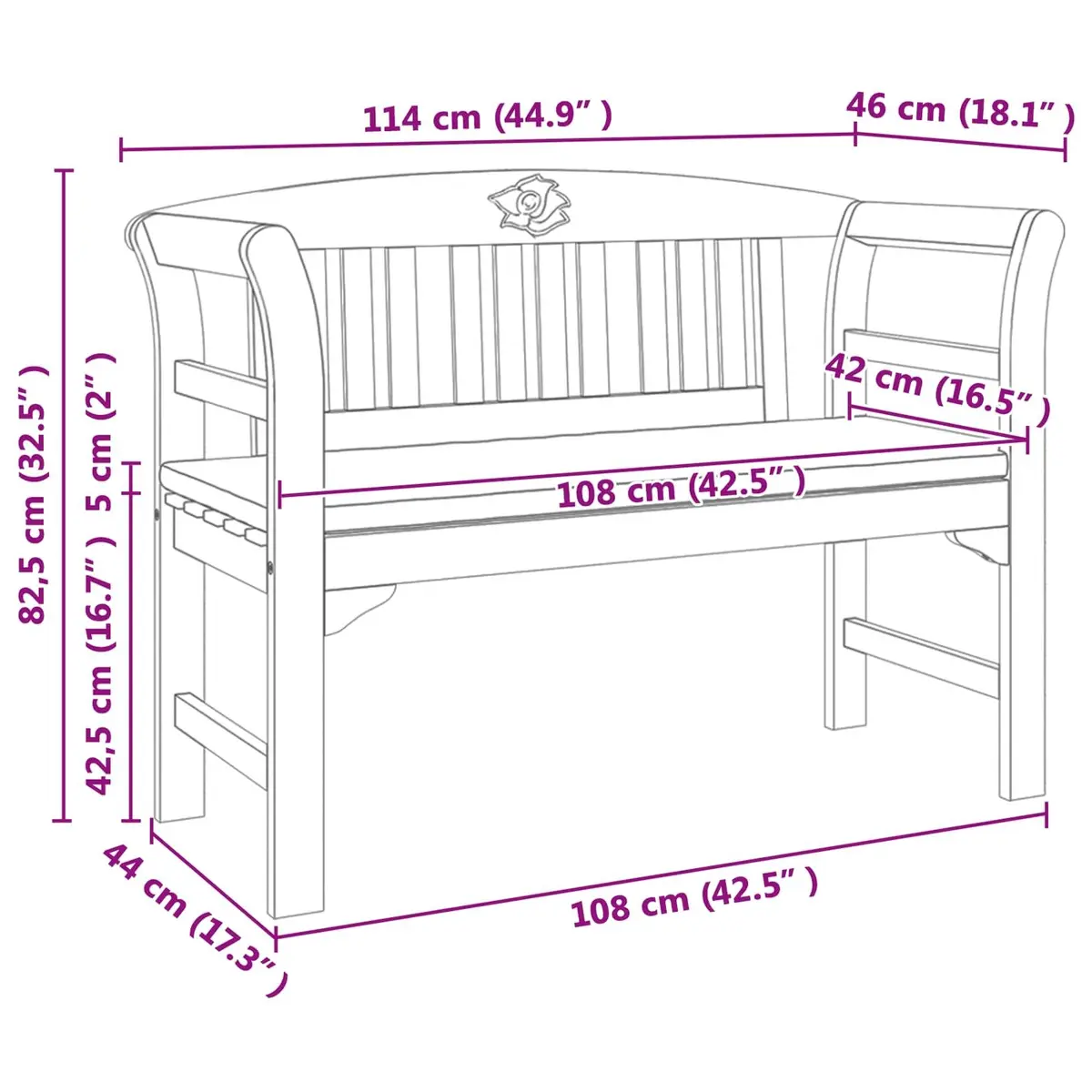 Outdoor Rose Bench Garden Patio Seating Hand-Carved Design Solid Wood