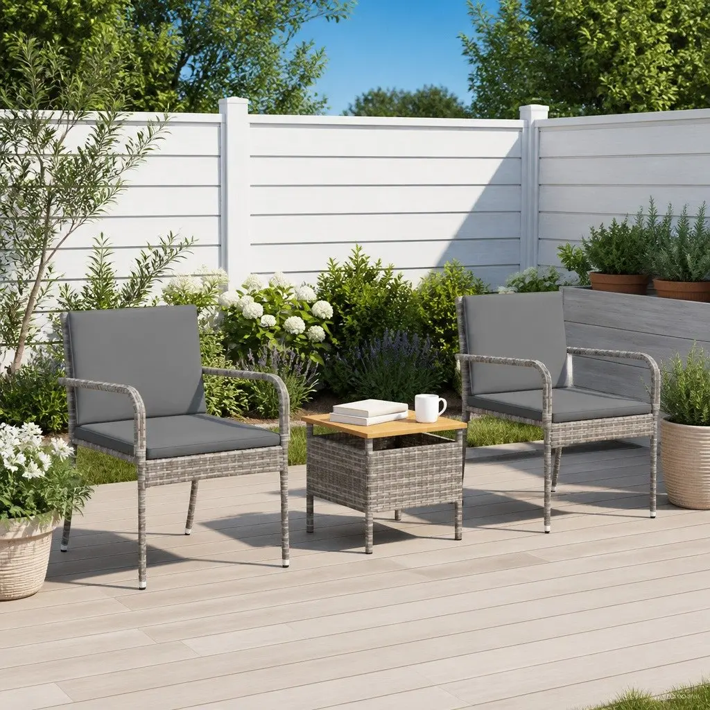 Garden Bistro Set Outdoor Furniture 3 Piece Grey Poly Rattan with Cushions