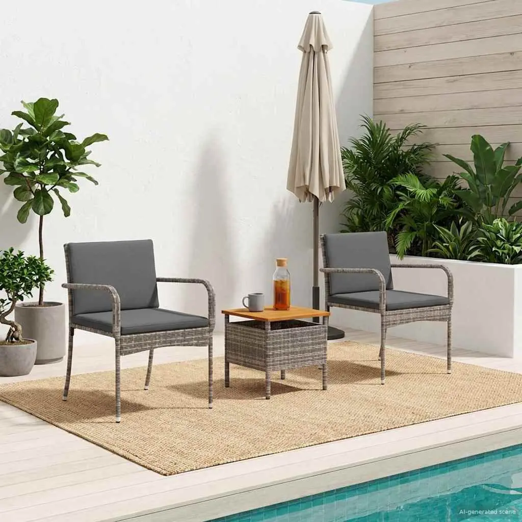 Garden Bistro Set Outdoor Furniture 3 Piece Grey Poly Rattan with Cushions