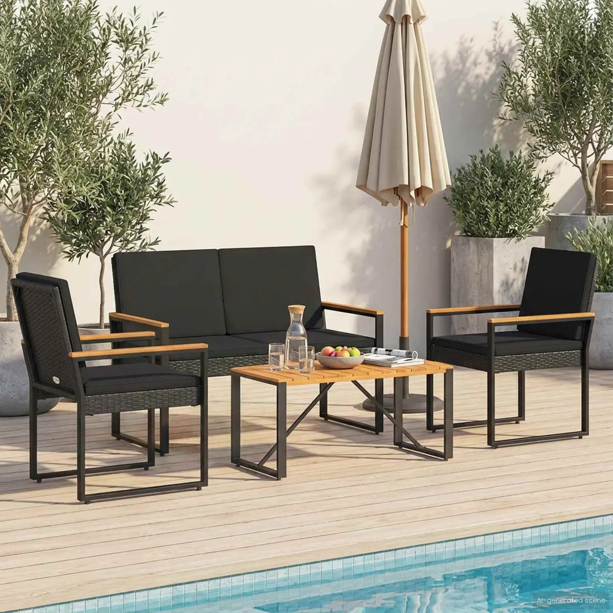 4-Piece Black Poly Rattan Garden Set