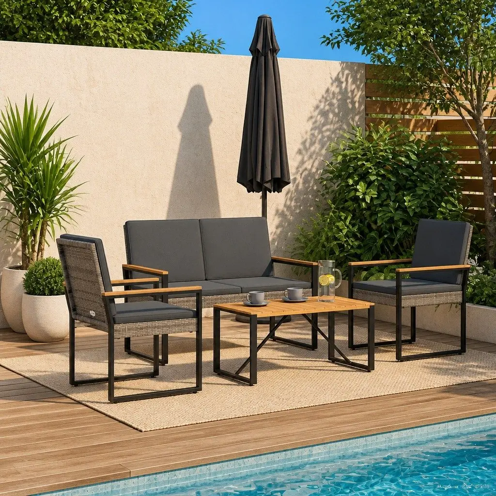 Outdoor Furniture Set for Garden Patio 4 Pieces Grey Poly Rattan