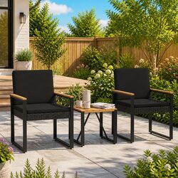 3 Piece Outdoor Furniture Set: Black Poly Rattan, Steel, Wood