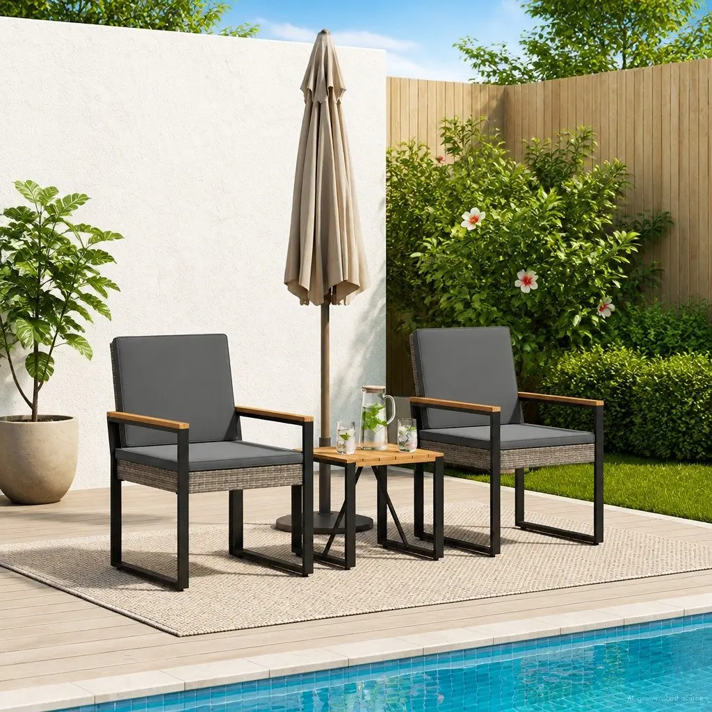 Outdoor Furniture Set Garden Patio 3 Piece Grey Poly Rattan Lounge Chairs Table
