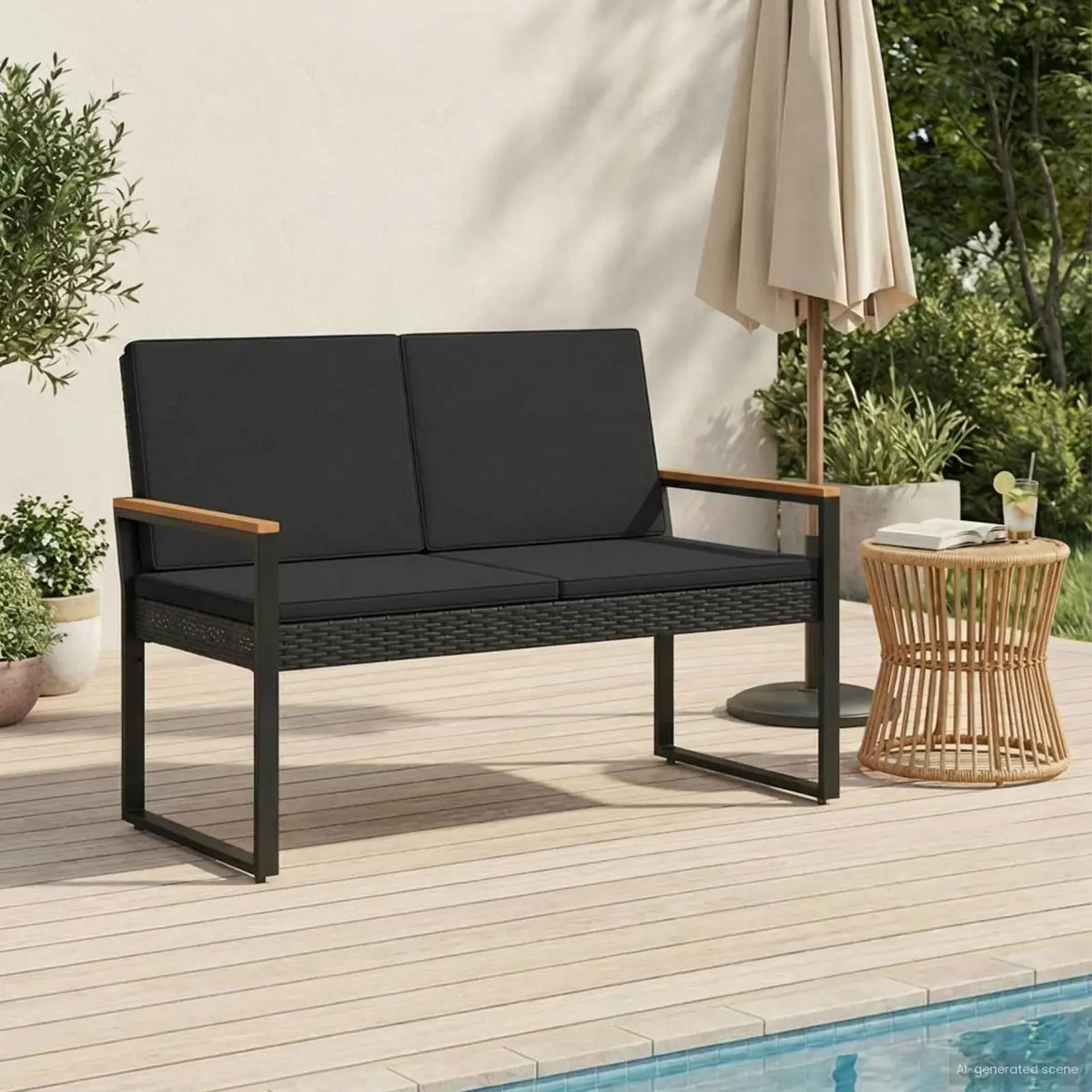 Outdoor Bench with Cushion Black Garden Patio Seating Poly Rattan Steel Frame