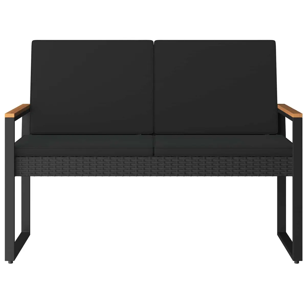 Outdoor Bench with Cushion Black Garden Patio Seating Poly Rattan Steel Frame