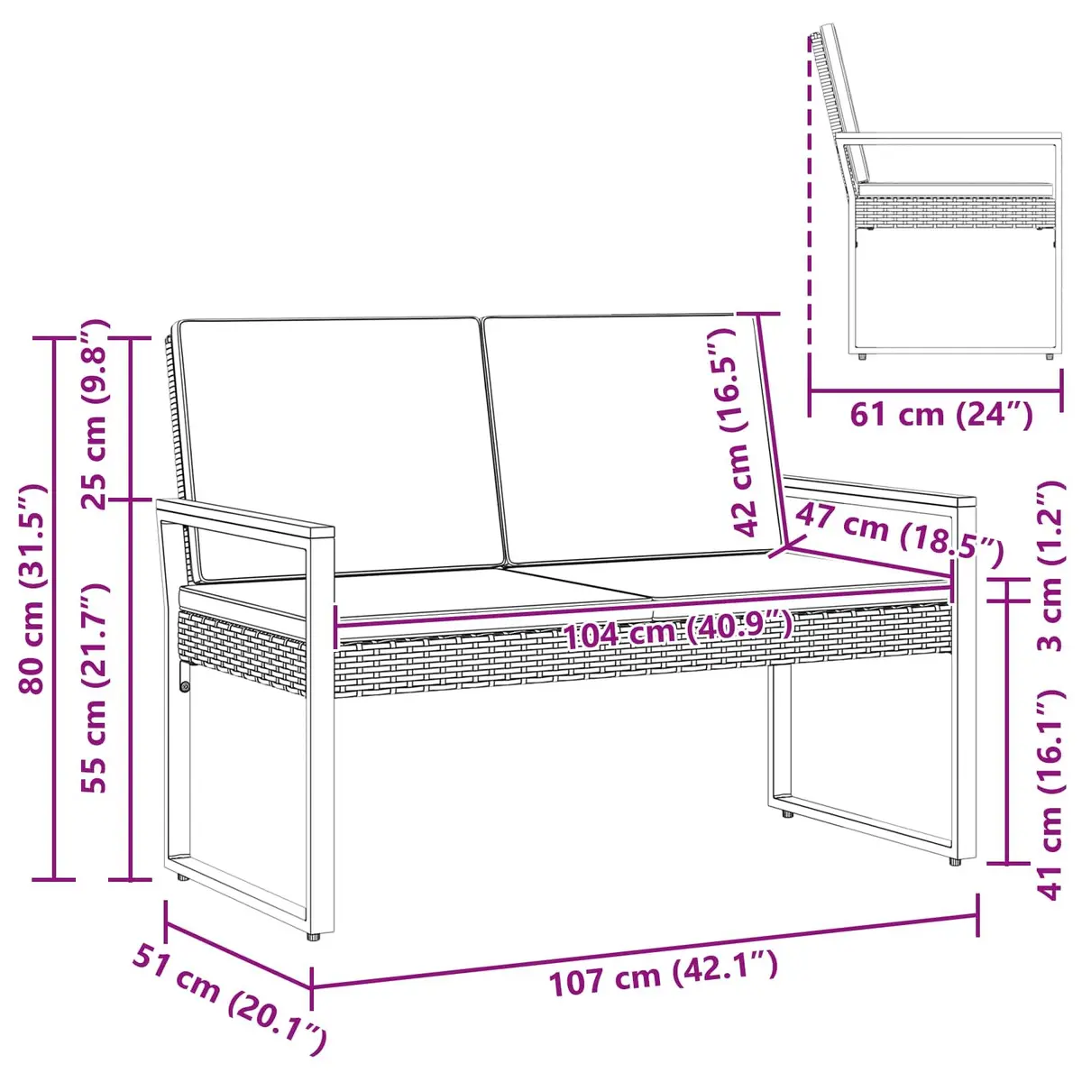 Outdoor Bench with Cushion Black Garden Patio Seating Poly Rattan Steel Frame