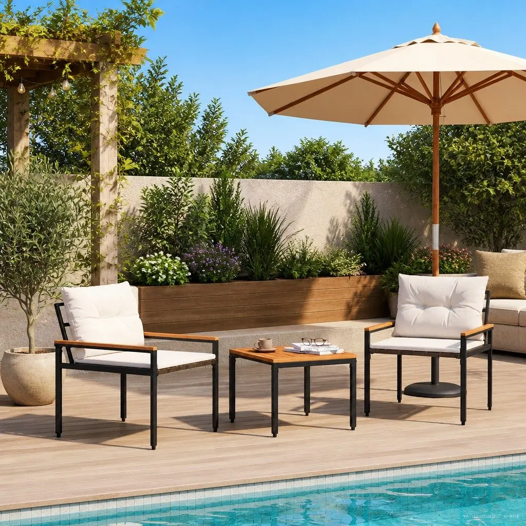 Outdoor Furniture Set Garden Patio 3 Pieces Grey Poly Rattan with Wood