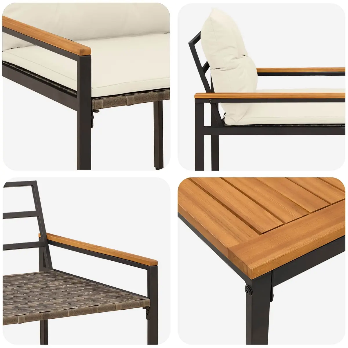 Outdoor Furniture Set Garden Patio 3 Pieces Grey Poly Rattan with Wood