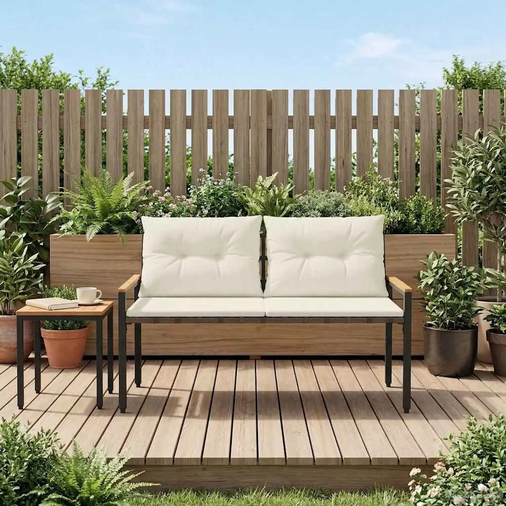 Outdoor Bench Garden Patio 2-Seater Poly Rattan Acacia Wood Backrest 116 x 67.5 x 72 cm