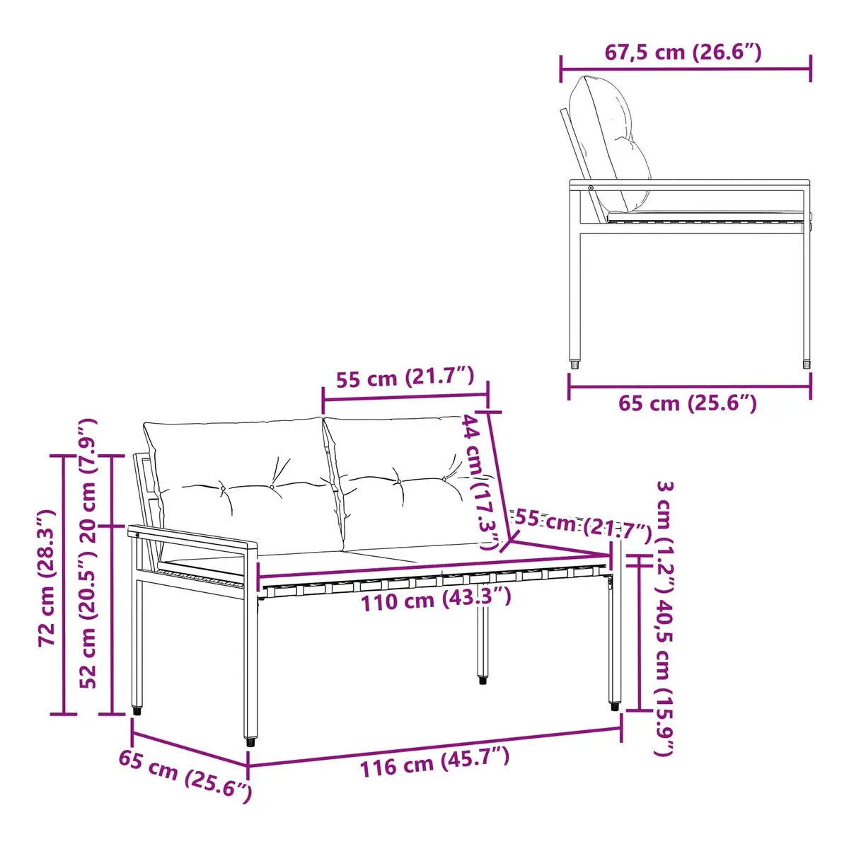 Outdoor Bench Garden Patio 2-Seater Poly Rattan Acacia Wood Backrest 116 x 67.5 x 72 cm