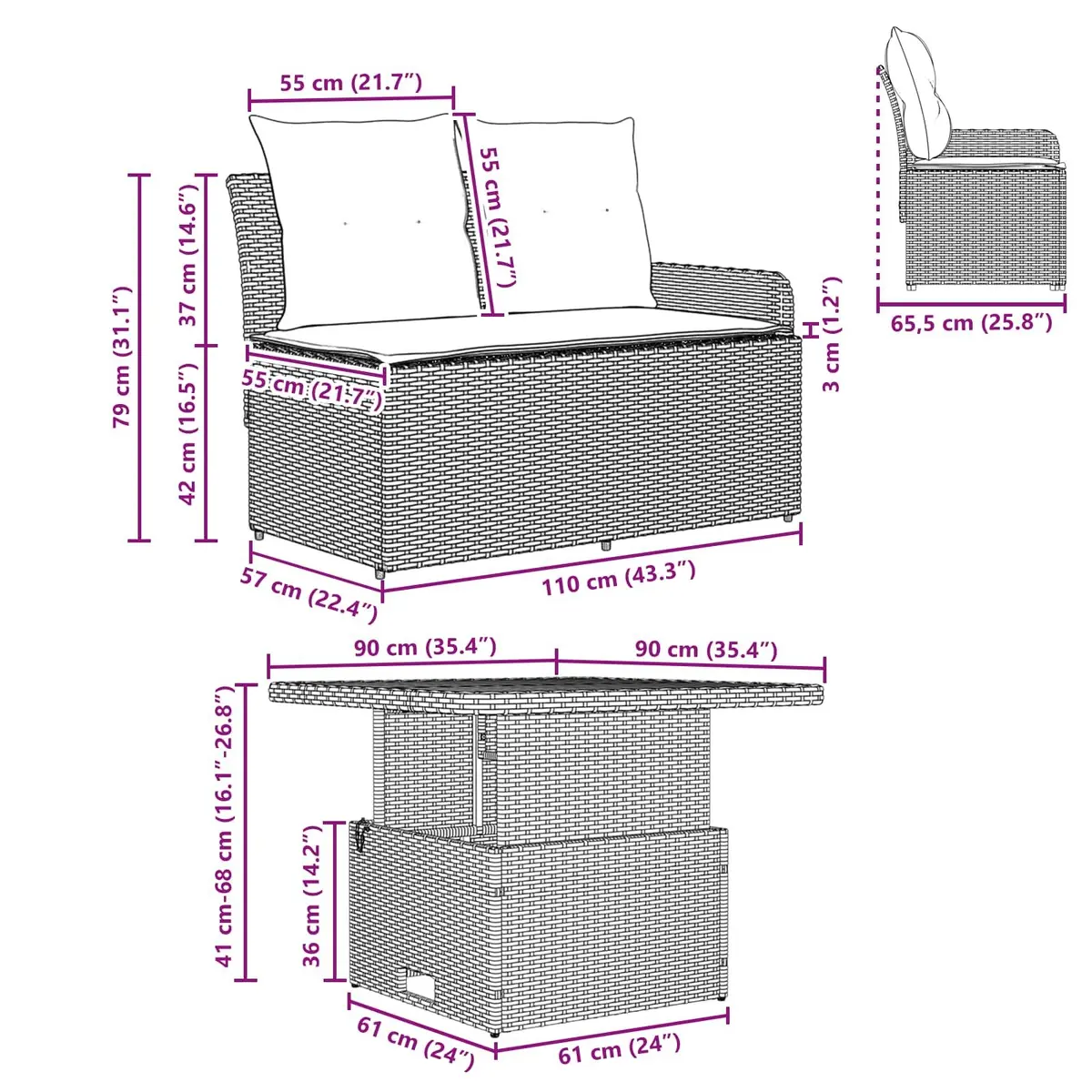 Outdoor Sectional Sofa with Adjustable Lift-Up Table