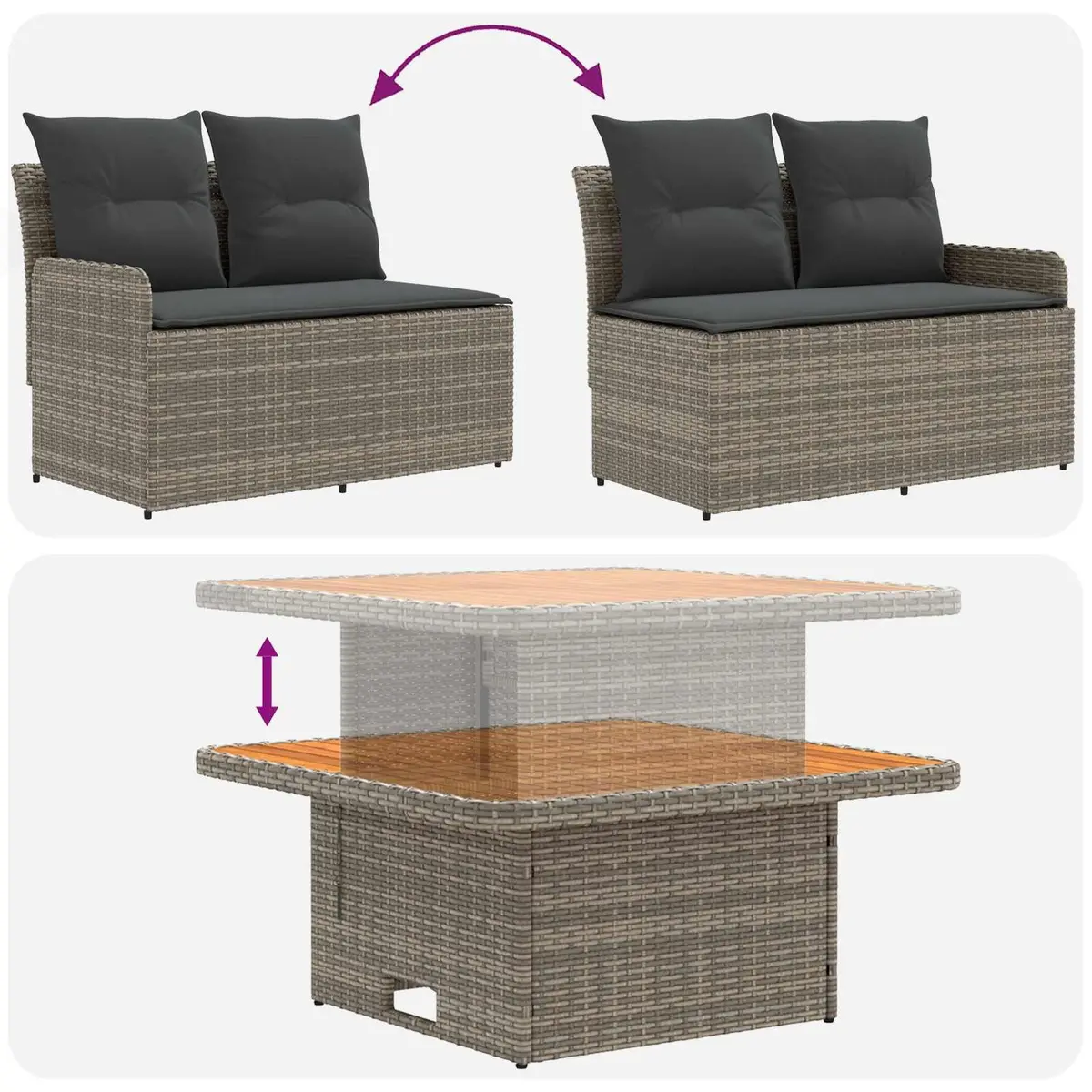 Garden Armrest Sofa with Liftup Table Outdoor Lounge Set 2 Piece Grey