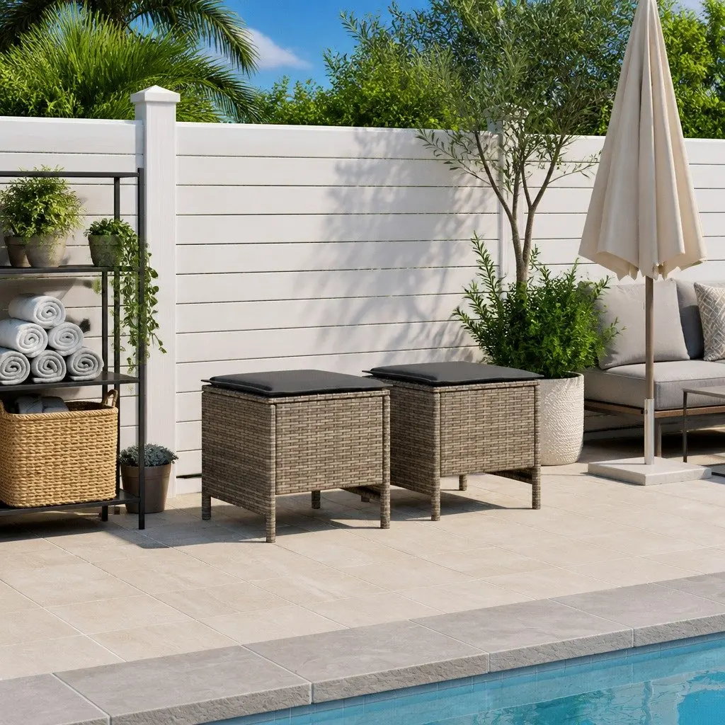 Garden Footstool Outdoor Indoor Seating 2 Piece Set Grey Rattan Frame Removable Cushion