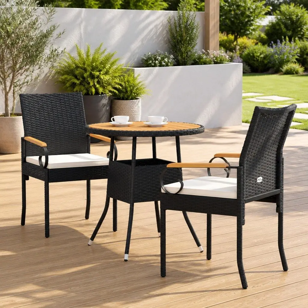 Outdoor Garden Chairs Set of 2 for Patio Black Weather Resistant Rattan with Cushions