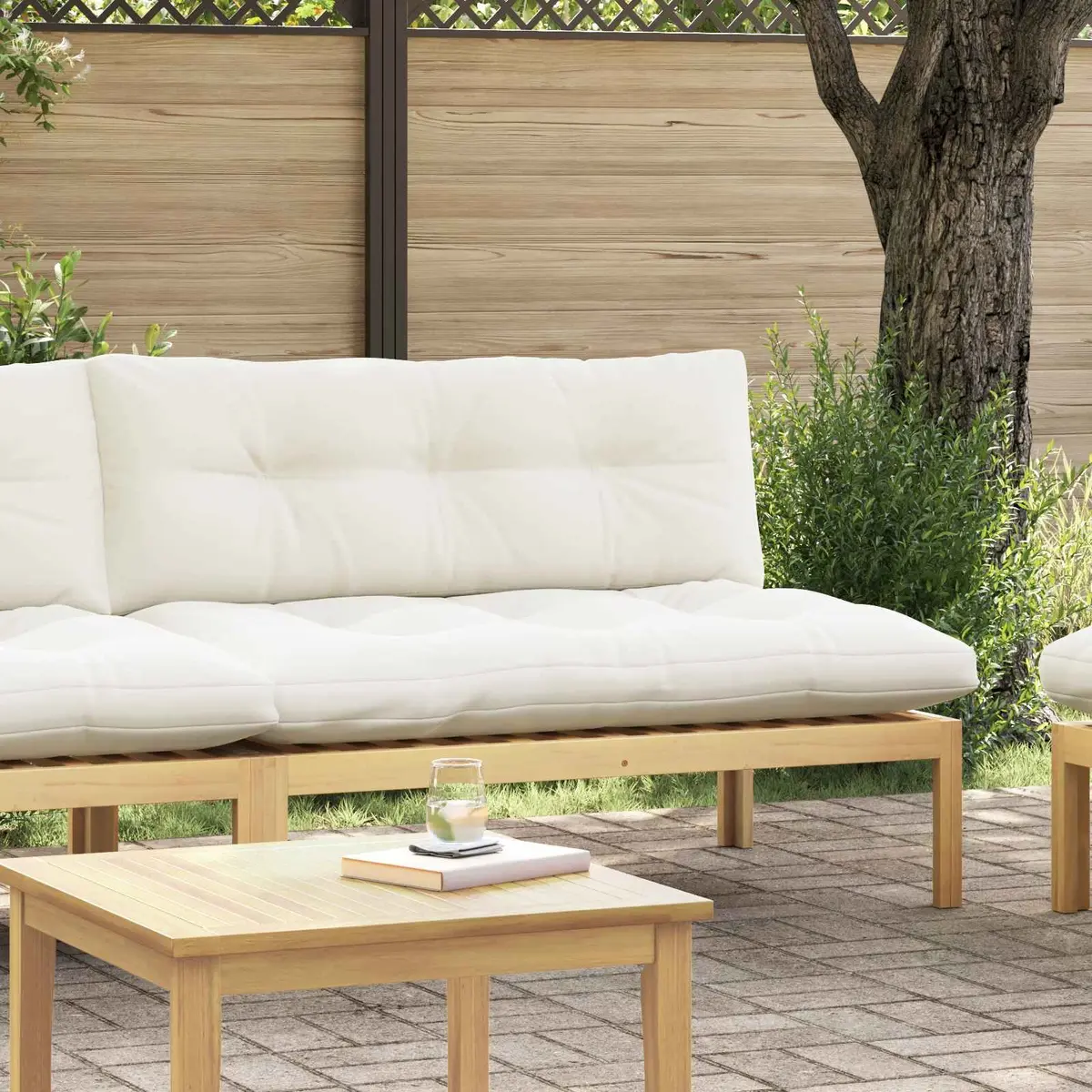 Middle Unit Sofa for Indoor and Outdoor Use Light Acacia Cream White