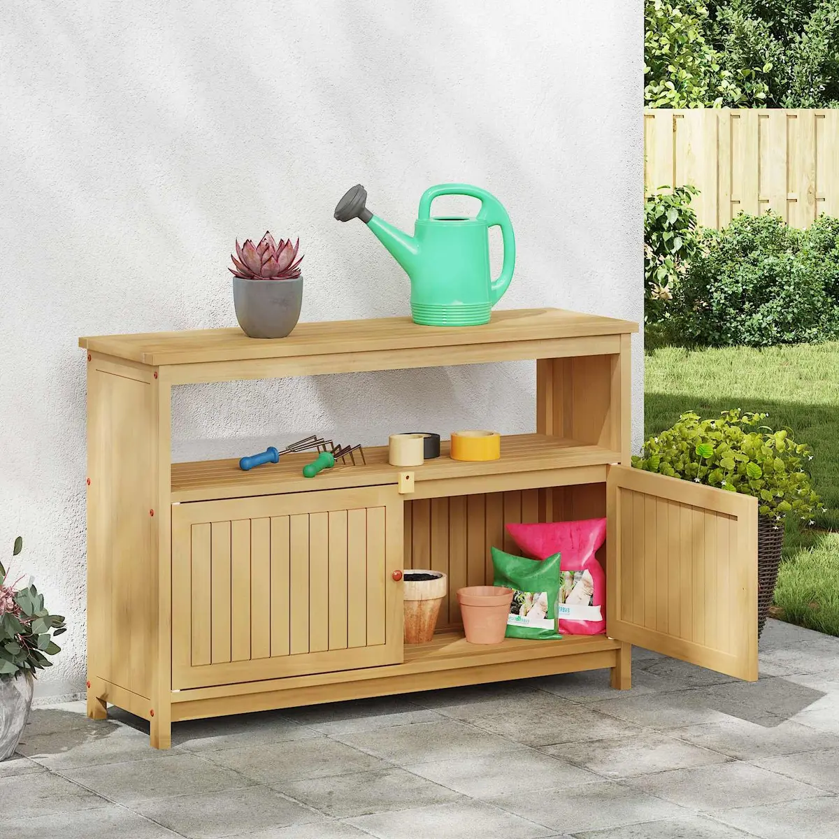 Garden Console Table with Storage Shelves Outdoor Indoor Furniture Light Acacia