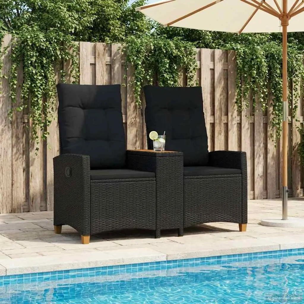 Outdoor Reclining Bench with Tea Table Garden Patio Seating Black Poly Rattan 126 x 65 x 112 cm