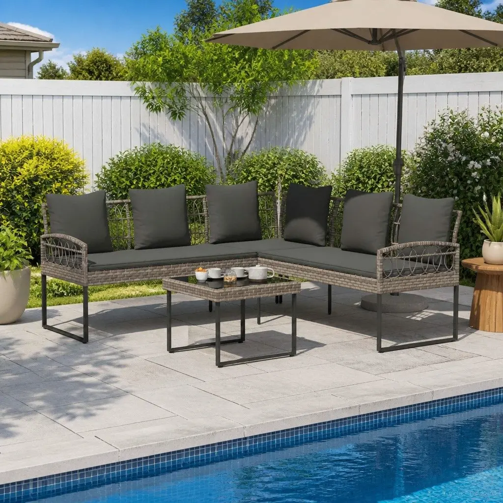 Garden Sofa Set 2 Pieces Grey Poly Rattan Steel Outdoor Patio