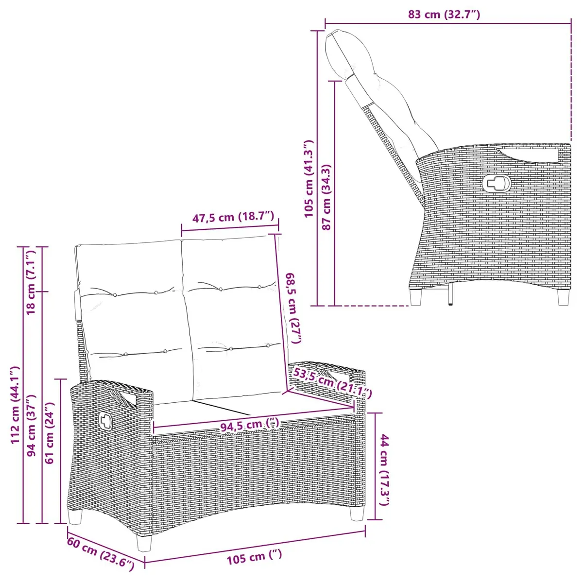 Outdoor Garden Bench Black Reclining Chair Patio Seating Lounger Adjustable