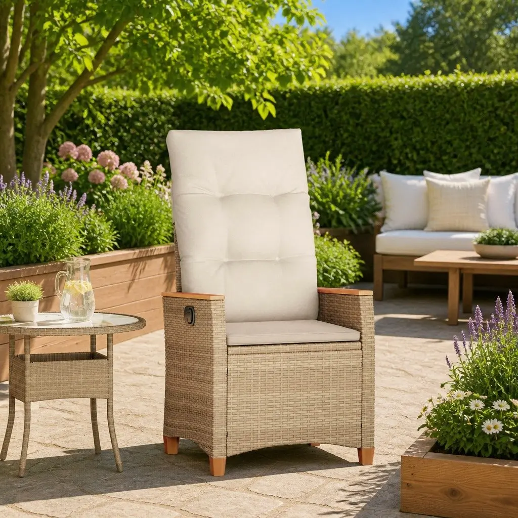 Reclining Garden Chair Outdoor Beige Adjustable Backrest Poly Rattan