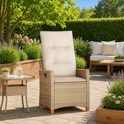 Reclining Garden Chair Beige Outdoor Seating Adjustable Backrest Poly Rattan