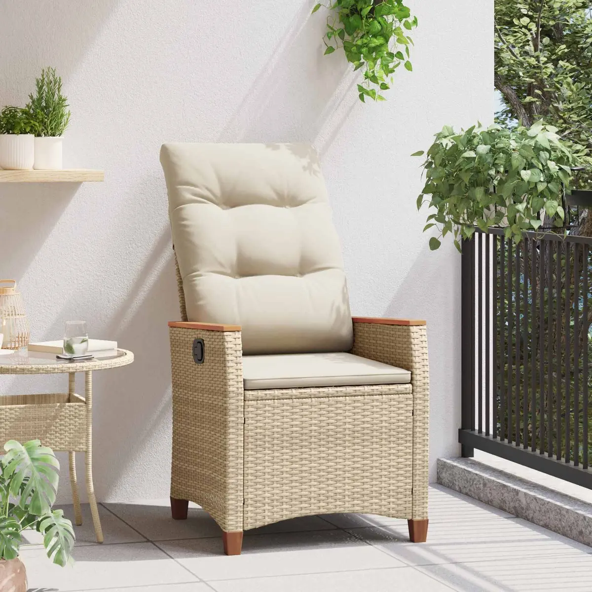 Reclining Garden Chair Outdoor Beige Adjustable Backrest Poly Rattan