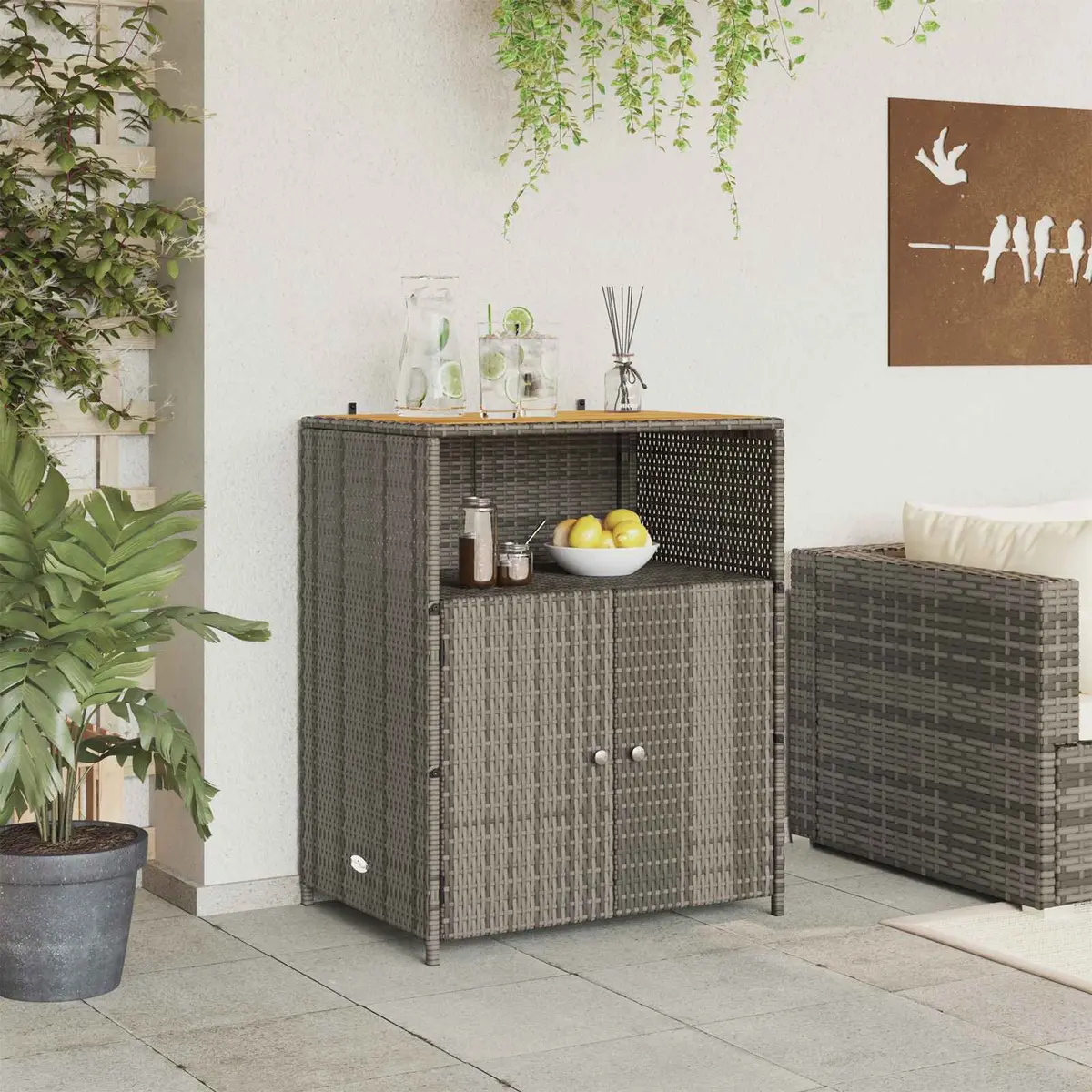 Storage Cabinet Grey Indoor Outdoor 70x50x87cm Acacia Wood Top Rattan Doors