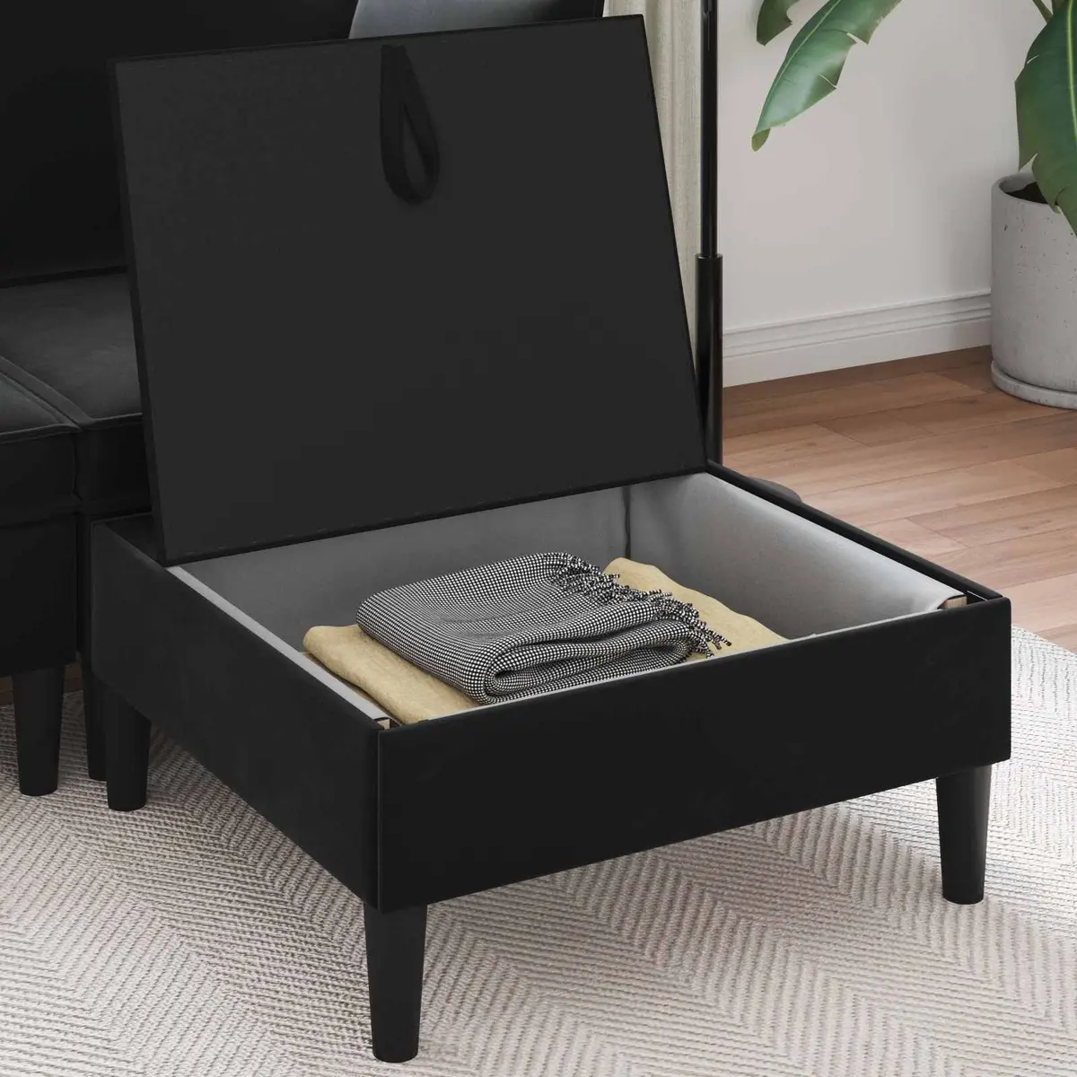Black Velvet Sofa Stool with Storage Compartments