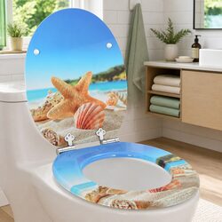 Toilet Seat Soft-Close Blue MDF Board Standard Fixing Non-Slip Bumpers Bathroom