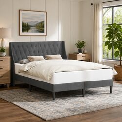 Bed Frame with Velvet Headboard Dark Grey 153 x 203 cm Modern Bedroom Furniture
