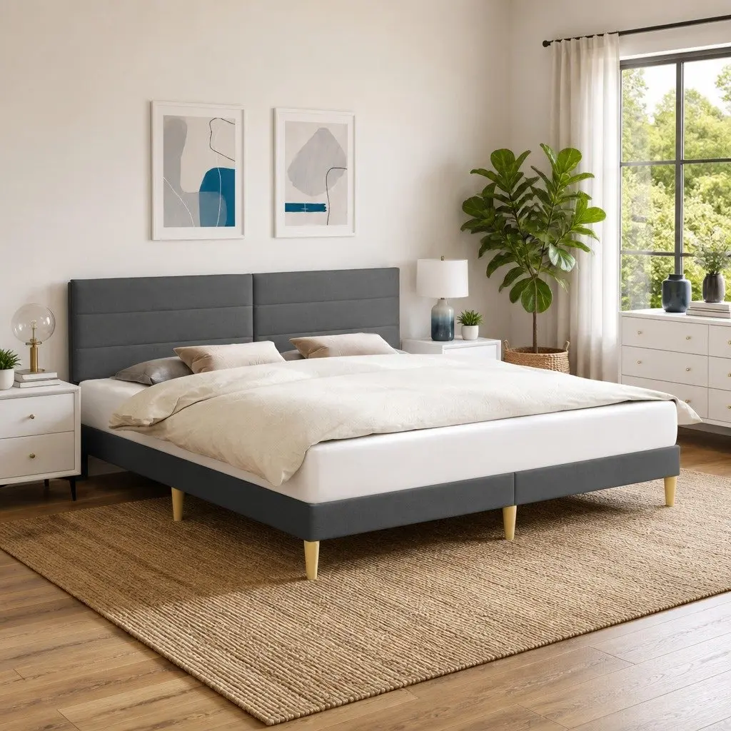 Bed Frame with Headboard Grey 180 x 200 cm Fabric Upholstered Modern Bedroom