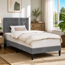 90 x 190 cm Modern Bed Frame with Dark Grey Headboard