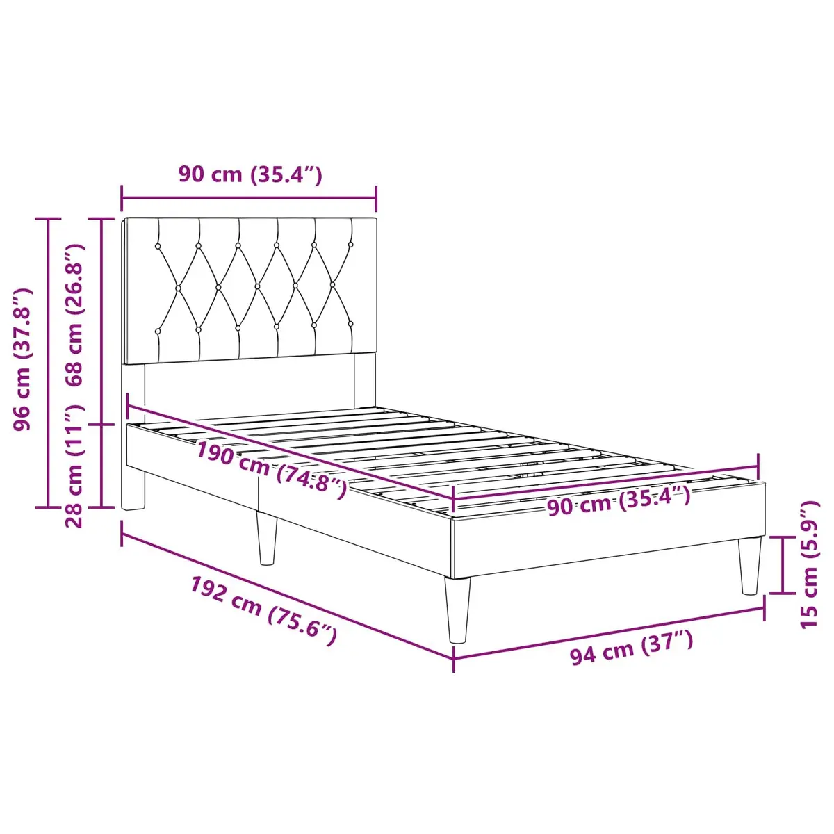 Bed Frame with Headboard Bedroom Dark Grey 90 x 190 cm Velvet Modern